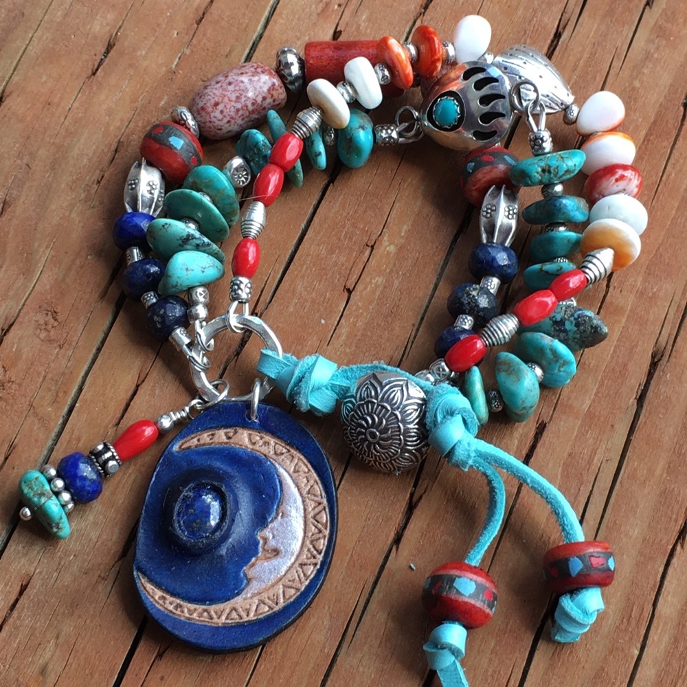 Boho Sundance Style Celestial Gemstone Turquoise Hill Tribe Silver Bracelet